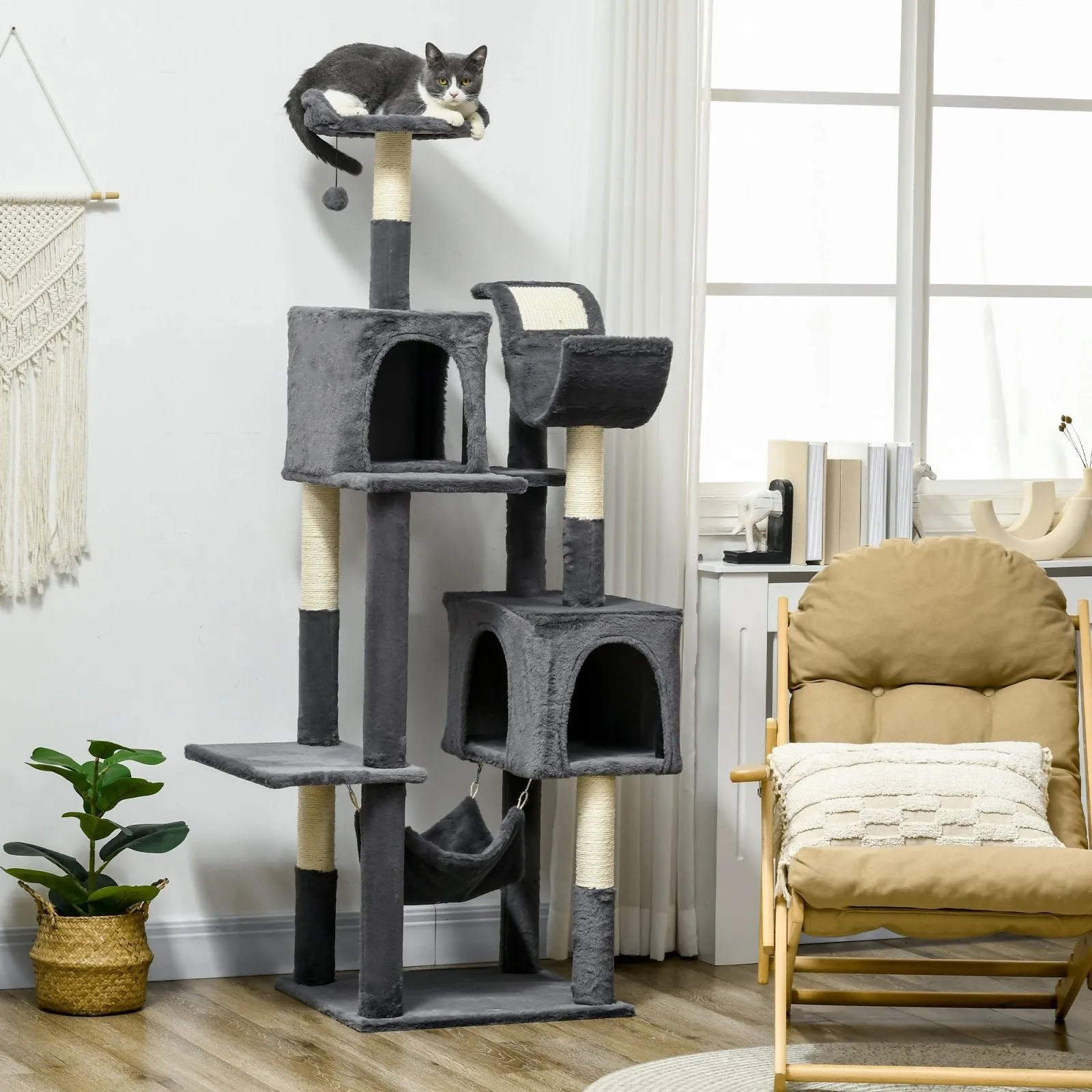 177cm Cat Tree for Indoor Cats Multi-level Kitten Climbing Tower with Scratching Posts Condos Hammock Perches Toy Ball Dark Grey