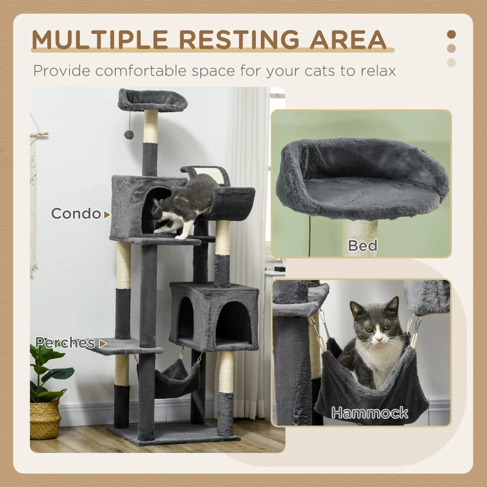 177cm Cat Tree for Indoor Cats Multi-level Kitten Climbing Tower with Scratching Posts Condos Hammock Perches Toy Ball Dark Grey