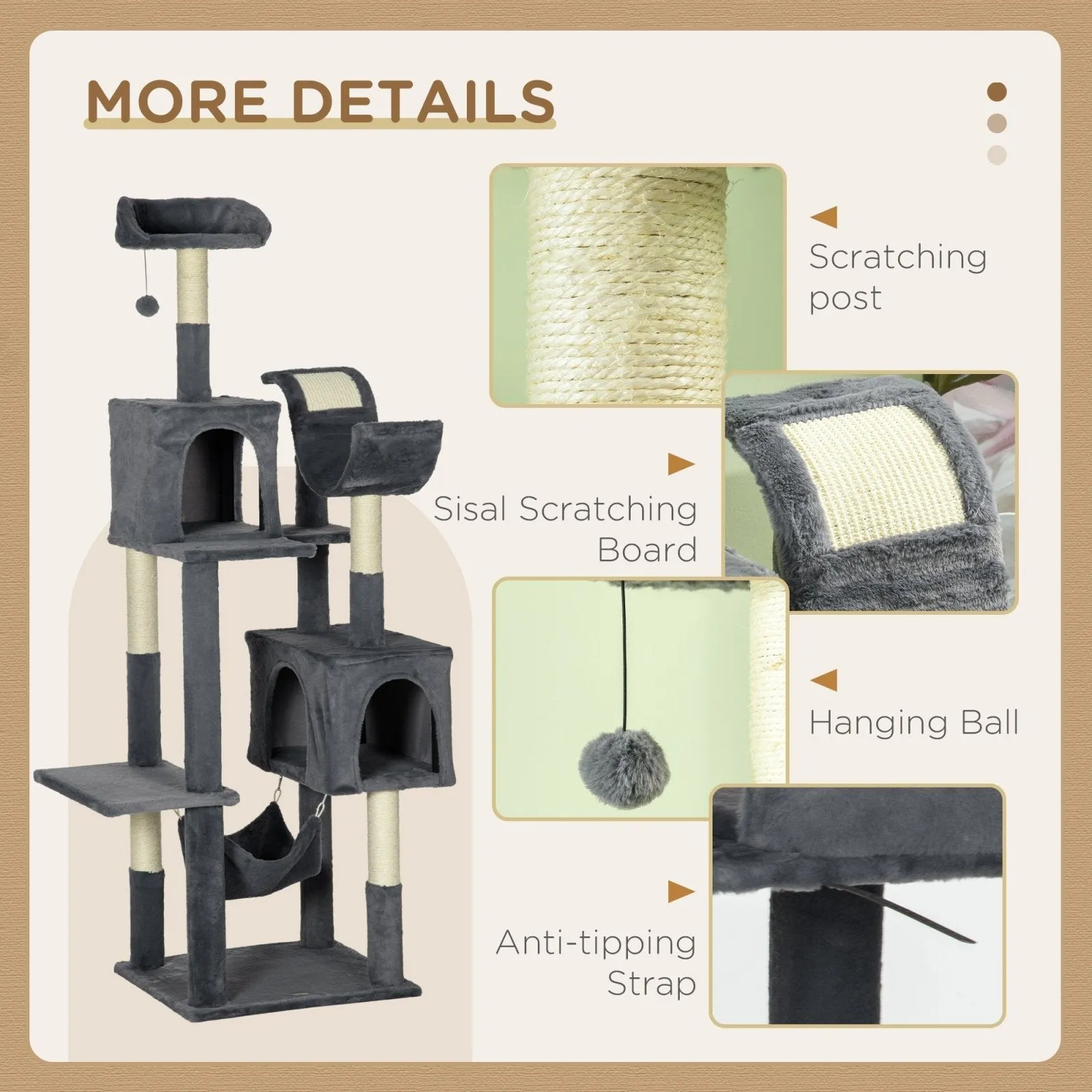 177cm Cat Tree for Indoor Cats Multi-level Kitten Climbing Tower with Scratching Posts Condos Hammock Perches Toy Ball Dark Grey