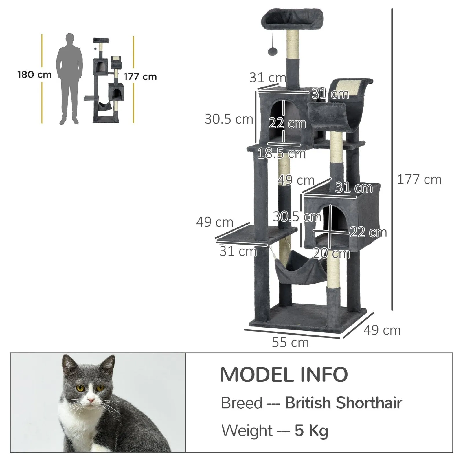 177cm Cat Tree for Indoor Cats Multi-level Kitten Climbing Tower with Scratching Posts Condos Hammock Perches Toy Ball Dark Grey