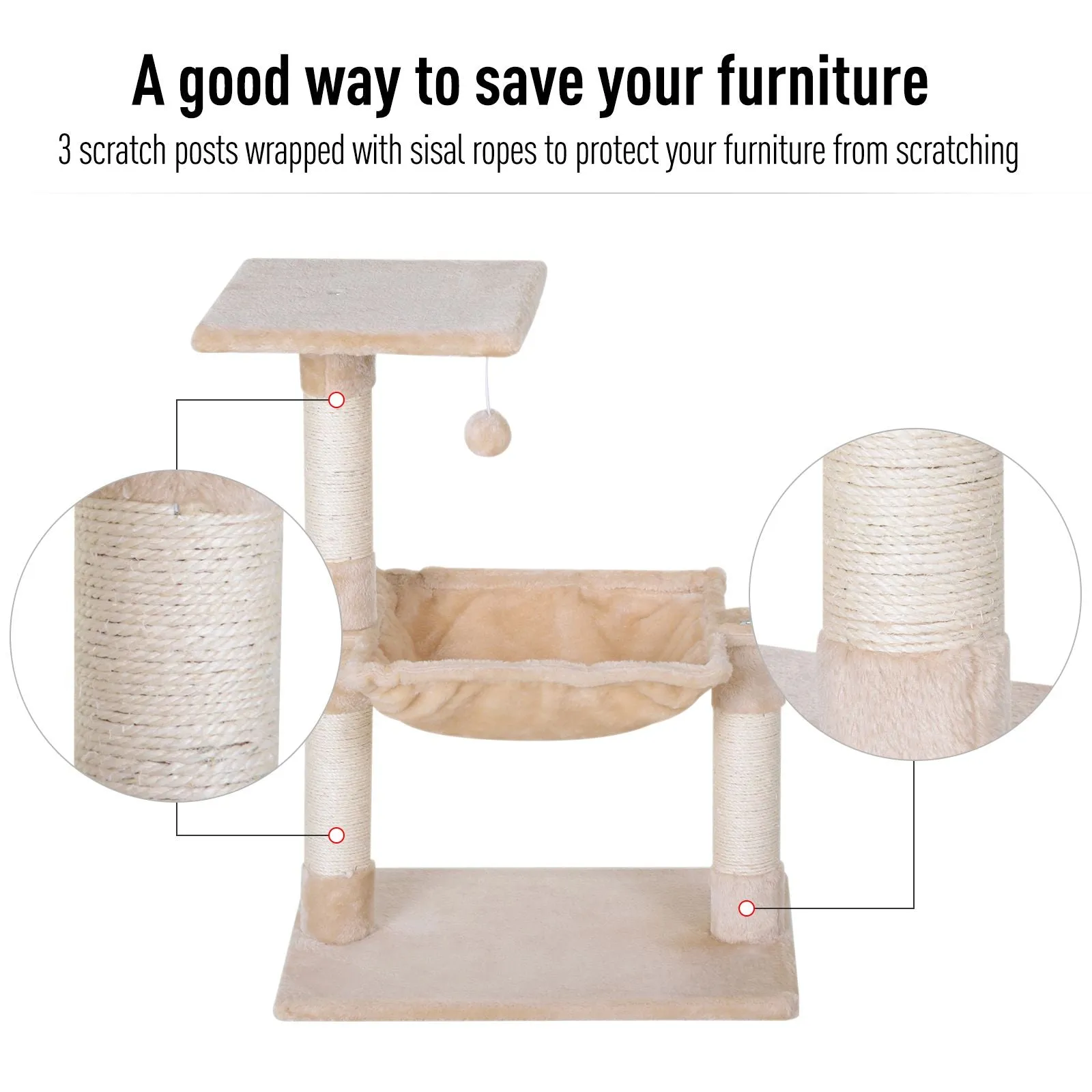 Cat Tree Hammock Bed Natural Sisal Scratching PostWith Dangle Toy 2 Tier 70cm Pet Scratch Stand