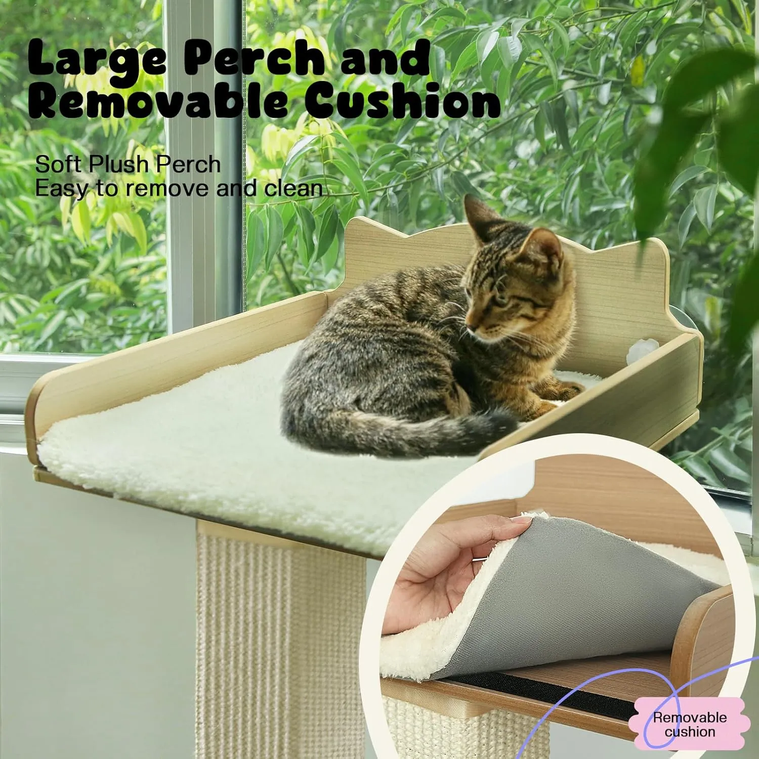 Cat Window Perch with Scratching Post, Cat Hammock for Window with 2 Suction Cups, Sisal Tall Cats Scratching Post with Large Perch, Cats Window Bed with Fuffy Cushion, Sisal