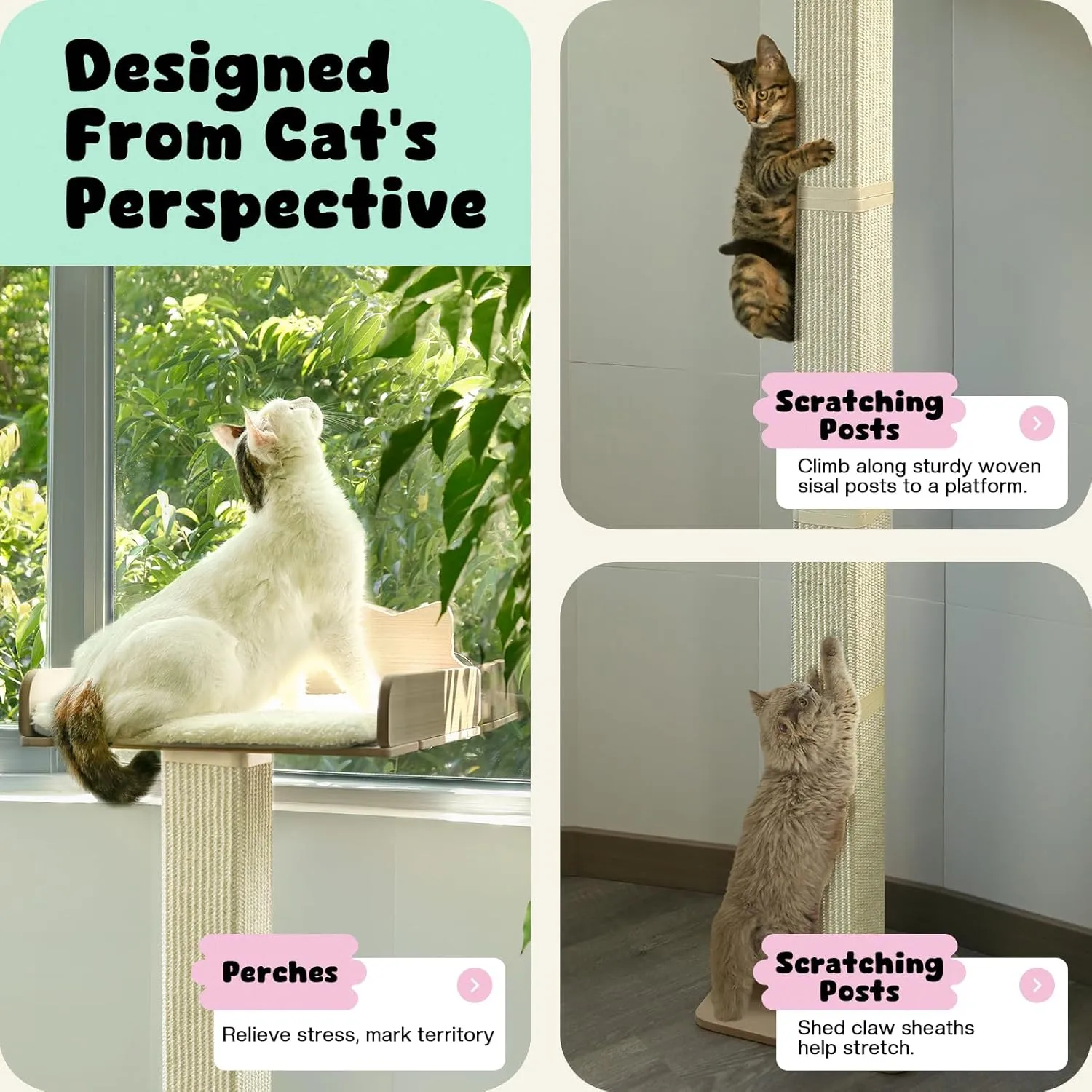 Cat Window Perch with Scratching Post, Cat Hammock for Window with 2 Suction Cups, Sisal Tall Cats Scratching Post with Large Perch, Cats Window Bed with Fuffy Cushion, Sisal