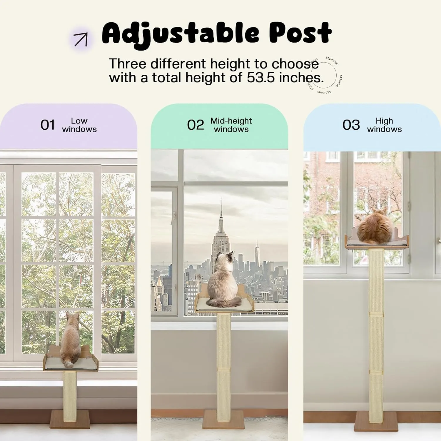 Cat Window Perch with Scratching Post, Cat Hammock for Window with 2 Suction Cups, Sisal Tall Cats Scratching Post with Large Perch, Cats Window Bed with Fuffy Cushion, Sisal