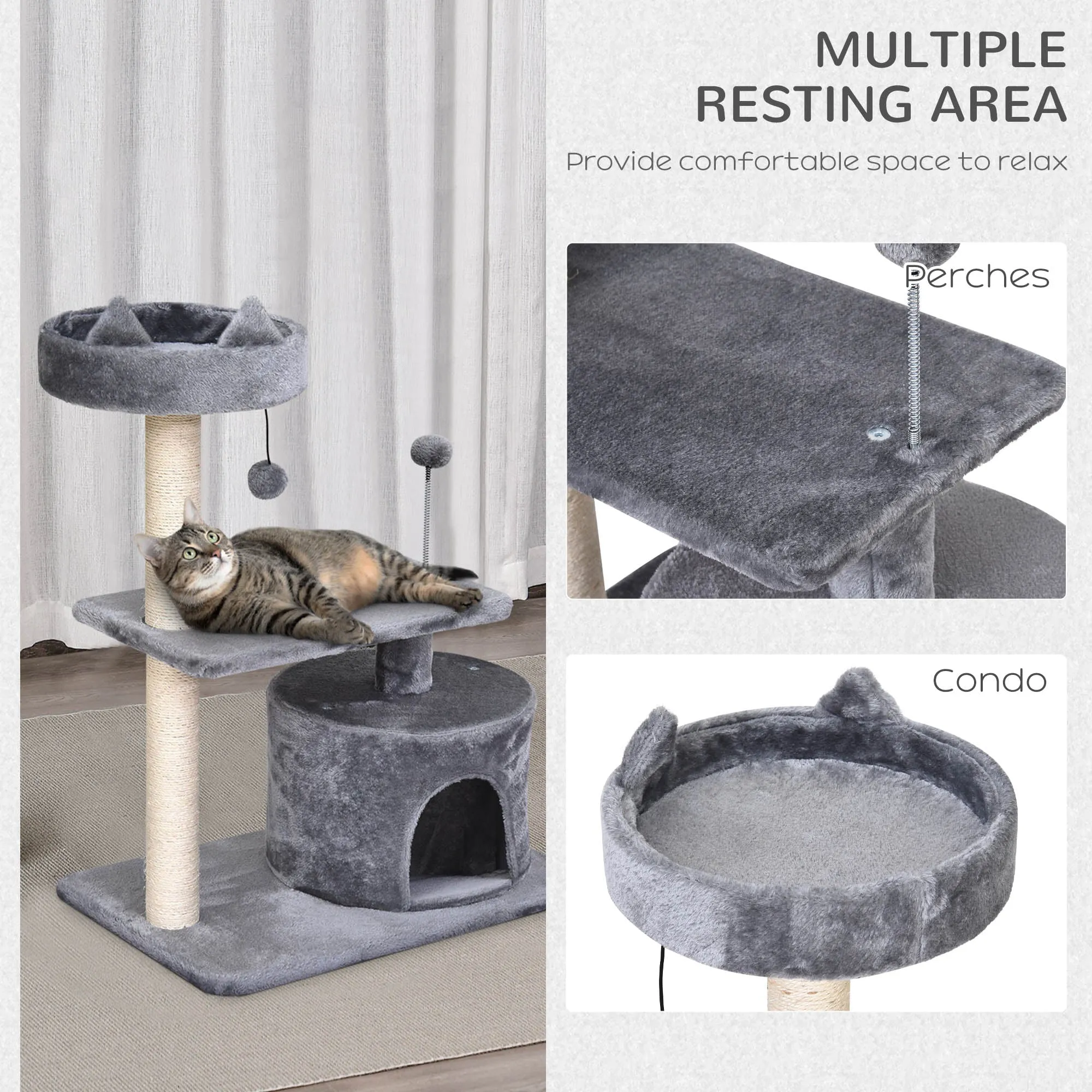 Cats 3-Tier Sisal Rope Scratching PostWith Toys Grey