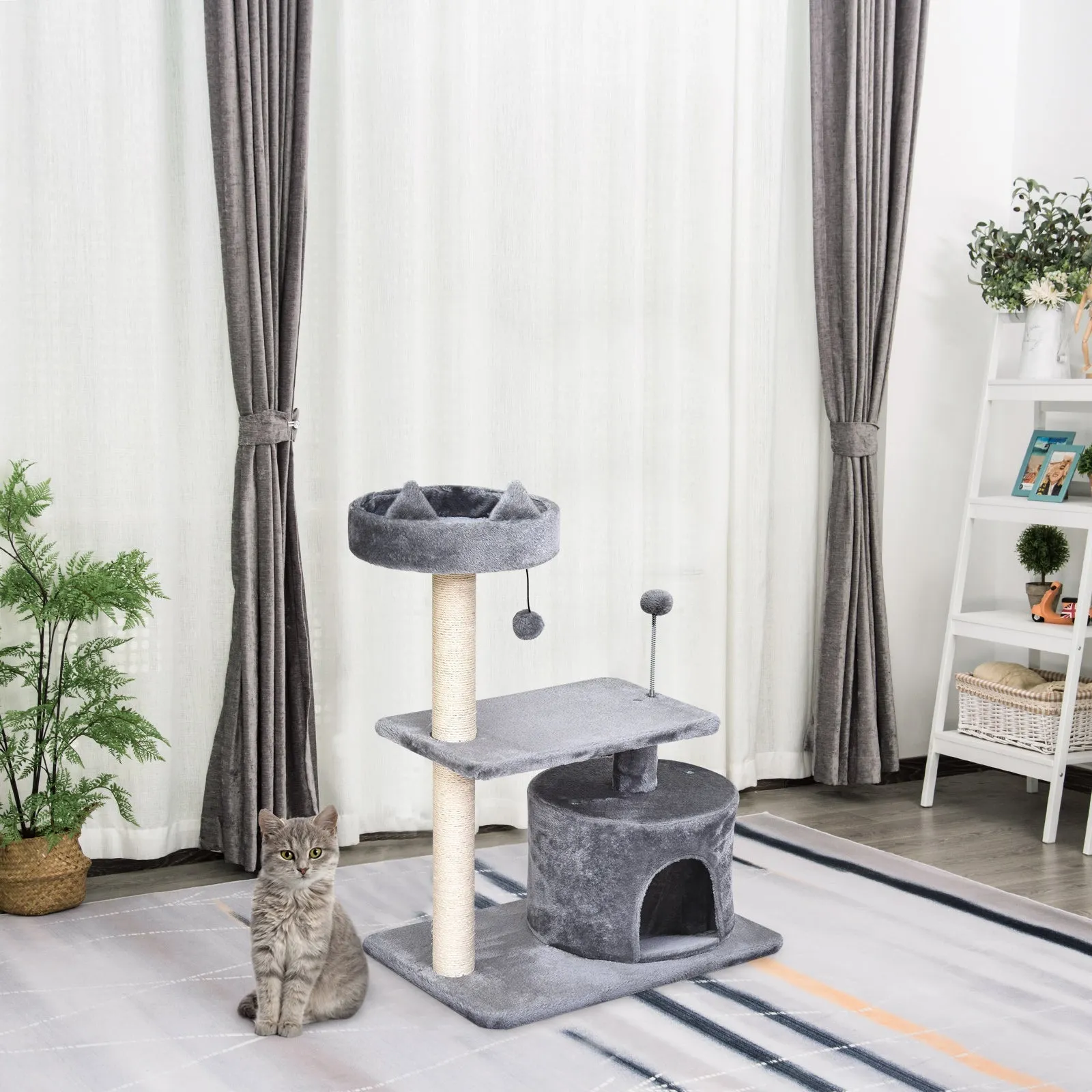 Cats 3-Tier Sisal Rope Scratching PostWith Toys Grey
