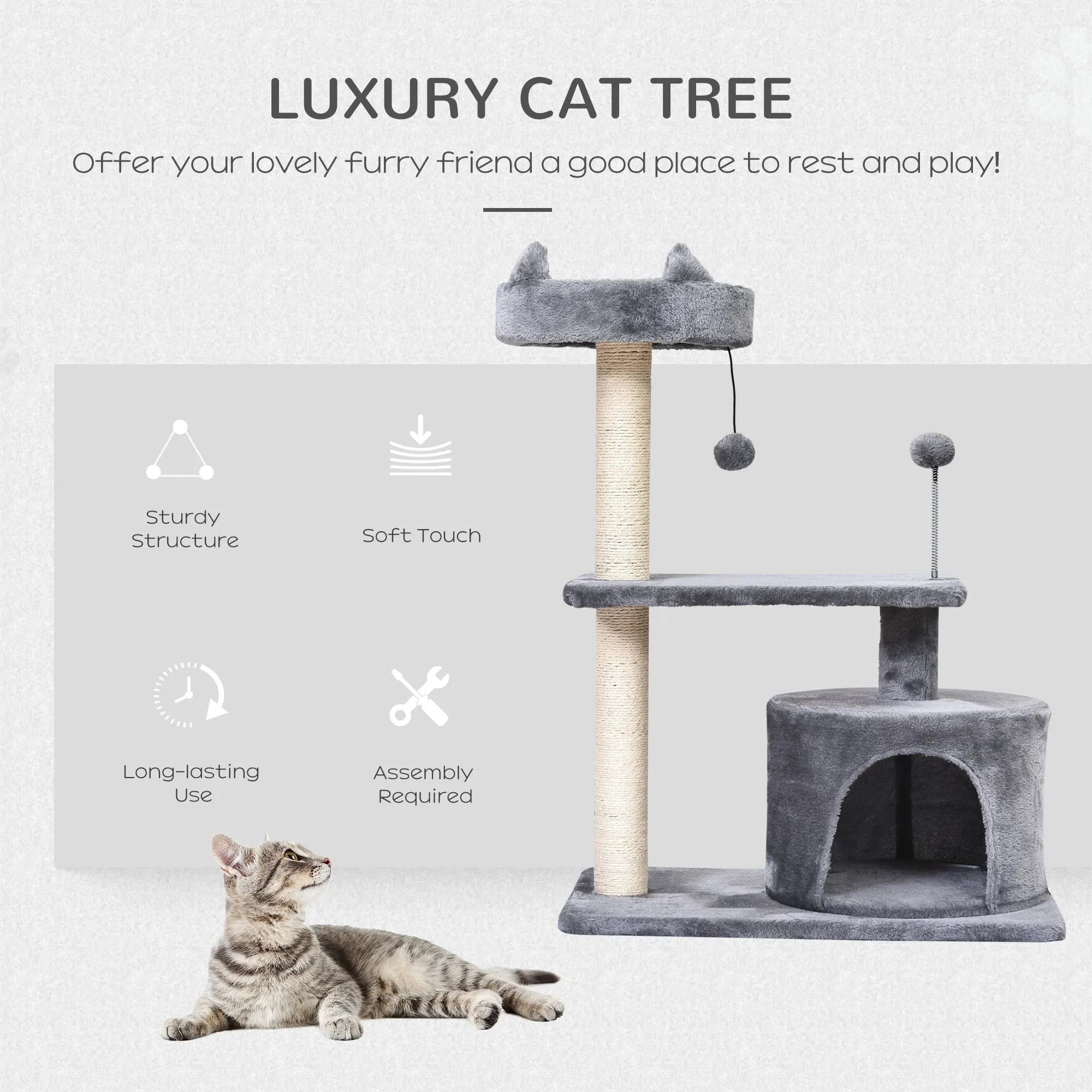 Cats 3-Tier Sisal Rope Scratching PostWith Toys Grey