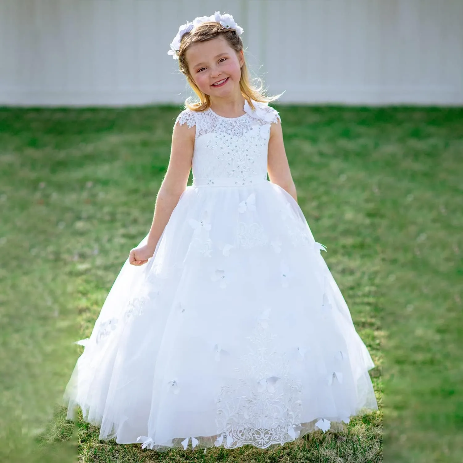 Flower Girl Dress Kids Lace Beaded Pageant Ball Gowns