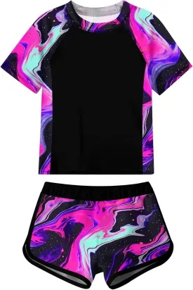 Idgreatim Girls Rashguard Swimsuit 2 Piece Short Sleeve Bathing Suit UPF 50  Sun Proction Swimwear Size 8-16T