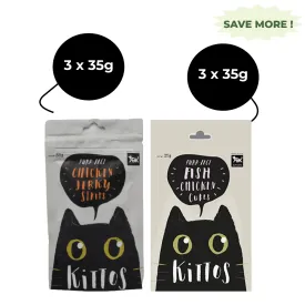 Kittos Purr Fect Chicken Jerky Strips and Fish Chicken Cubes Cat Treats Combo (3 3)