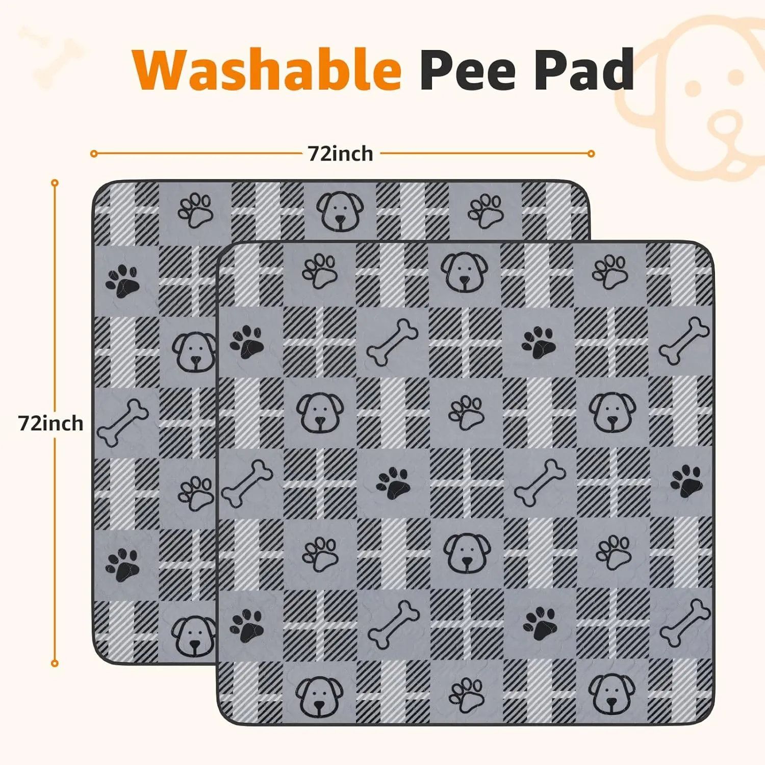 LOOBANI Washable Pee Pads for Dogs: 72"x72" Lagre Reusable Dog Pads Mat, Waterproof Leakproof Washable Puppy Pad, Non-Slip Whelping Pee Pads & Potty Training Pad for Floor, Playpen,Crate, Grey