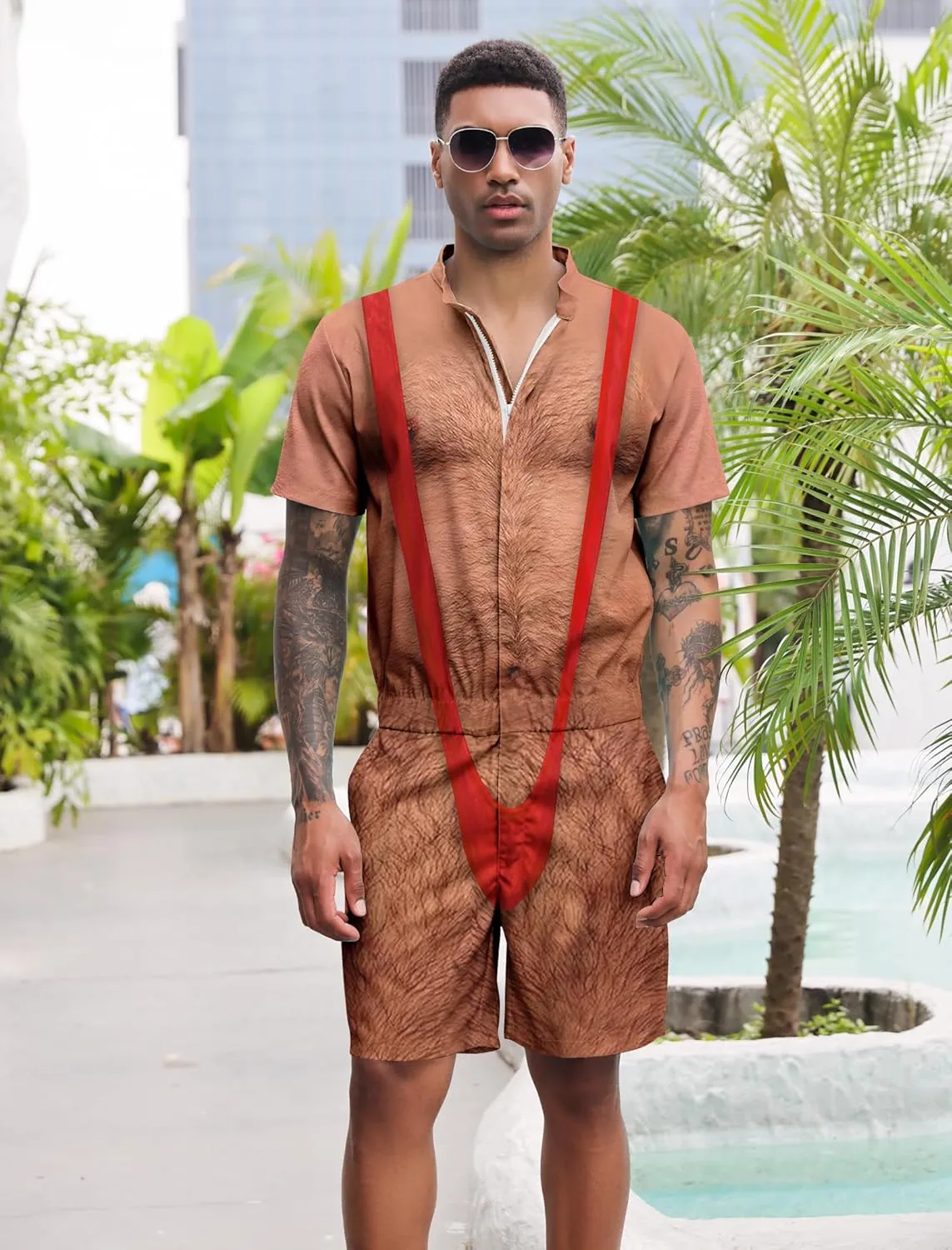 RAISEVERN Mens Romper Zipper Jumpsuit Male Shorts Sleeve One Piece Overalls Bro Outfits