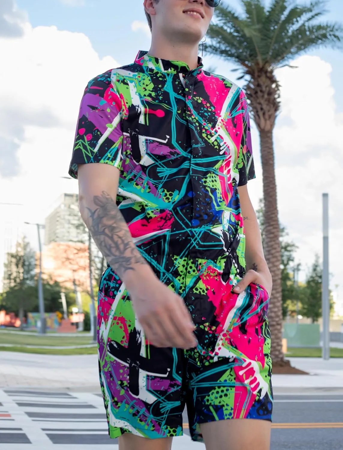 RAISEVERN Mens Romper Zipper Jumpsuit Male Shorts Sleeve One Piece Overalls Bro Outfits