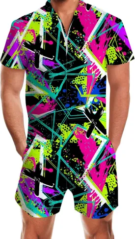 RAISEVERN Mens Romper Zipper Jumpsuit Male Shorts Sleeve One Piece Overalls Bro Outfits