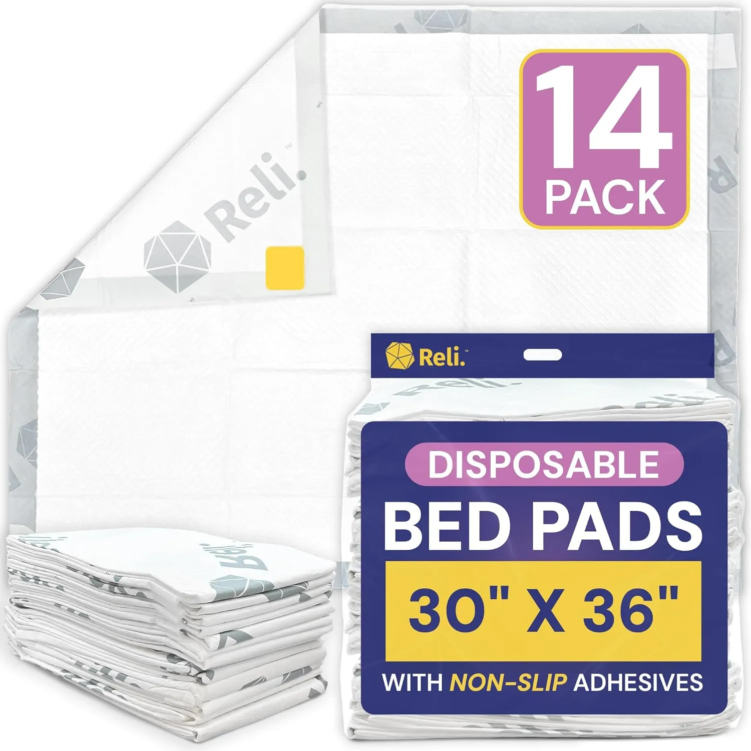 Reli. Disposable Bed Pads (14 Pack) | 30" x 36" | XL Bed Pads Disposable Adult Incontinence Sheets w/ Non-Slip Adhesives | Absorbent Peepad for Adults, Seniors, Puppy | Waterproof Underpads