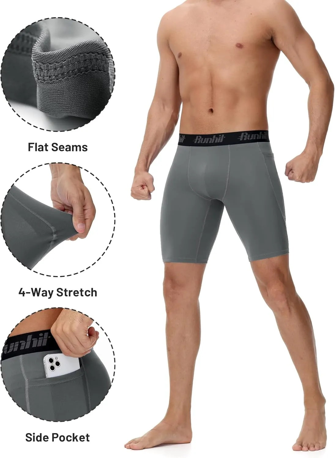 Runhit Men's Compression Shorts with Pockets ?C 9" Performance Athletic Shorts for Workouts Sports Running Spandex Underwear