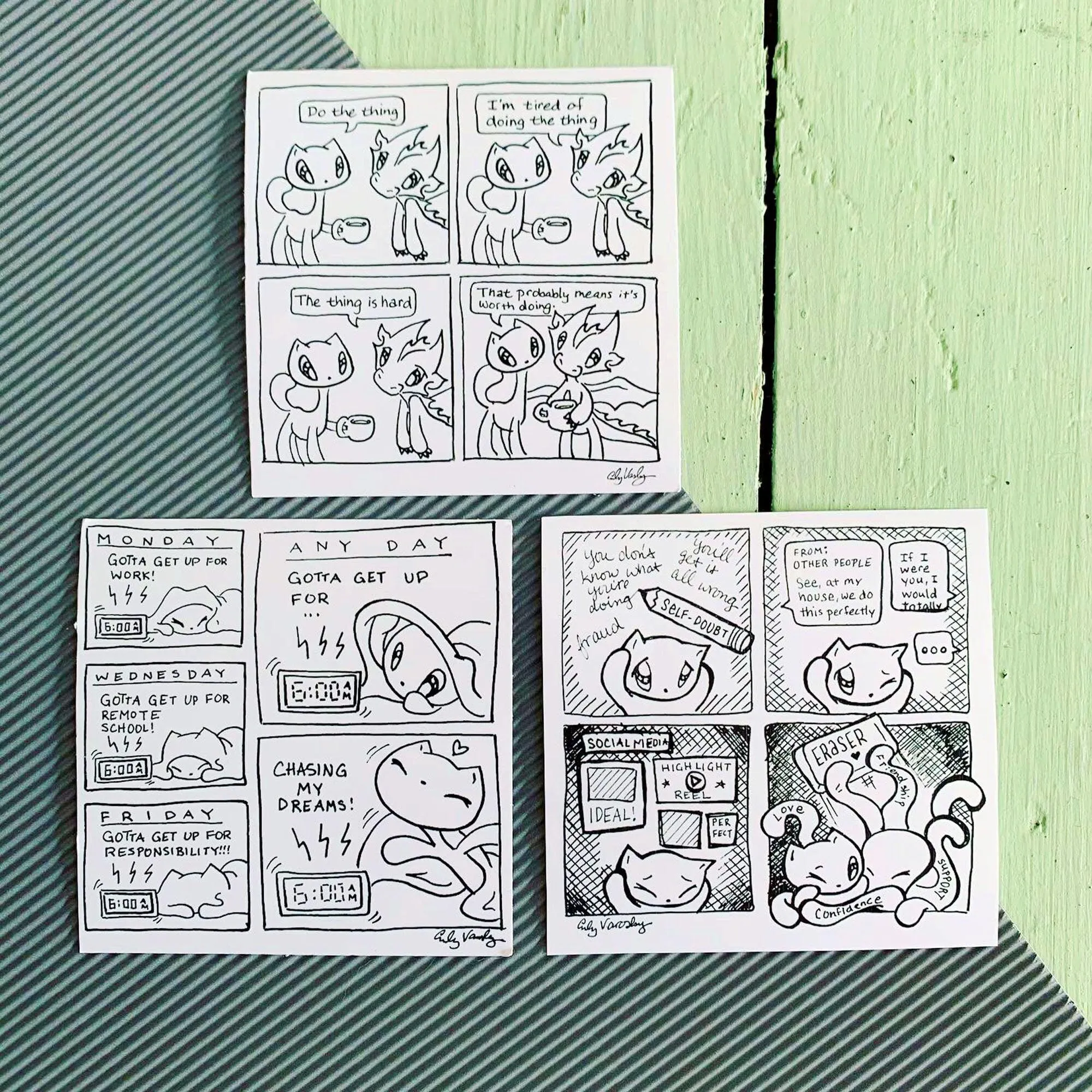 Stickers: Motivational Comic Strips - Skoshie the Cat, Wisp the Dragon, Zeek the Octopus (3 styles)